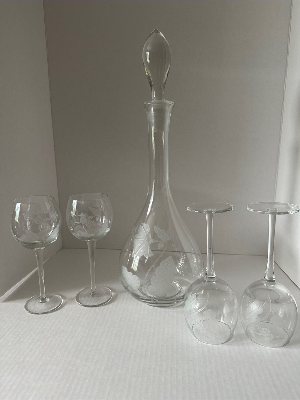 Vintage Clear Etched Glass Decanter and Wine Glass Set